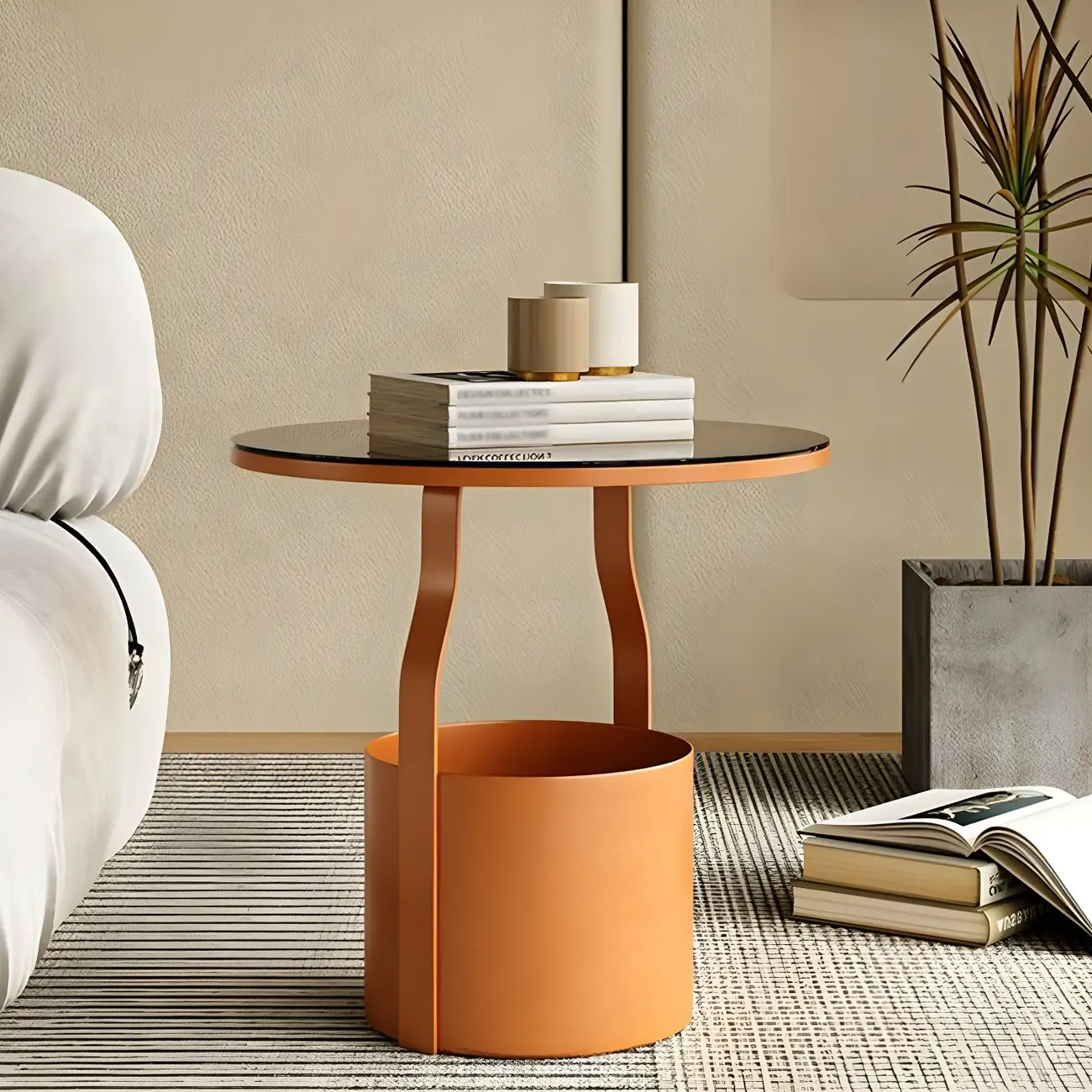 Nordic Round Glass End Table with Drum Base and Storage Image - 3 | homeyfad