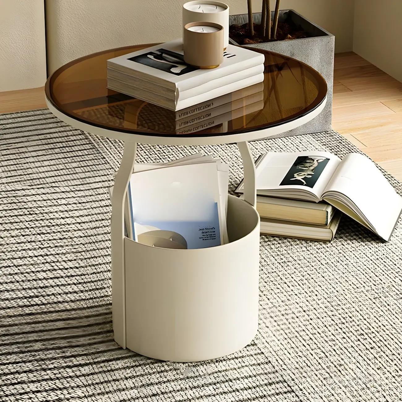 Nordic Round Glass End Table with Drum Base and Storage Image - 7 | homeyfad