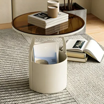 Nordic Round Glass End Table with Drum Base and Storage Image - 7