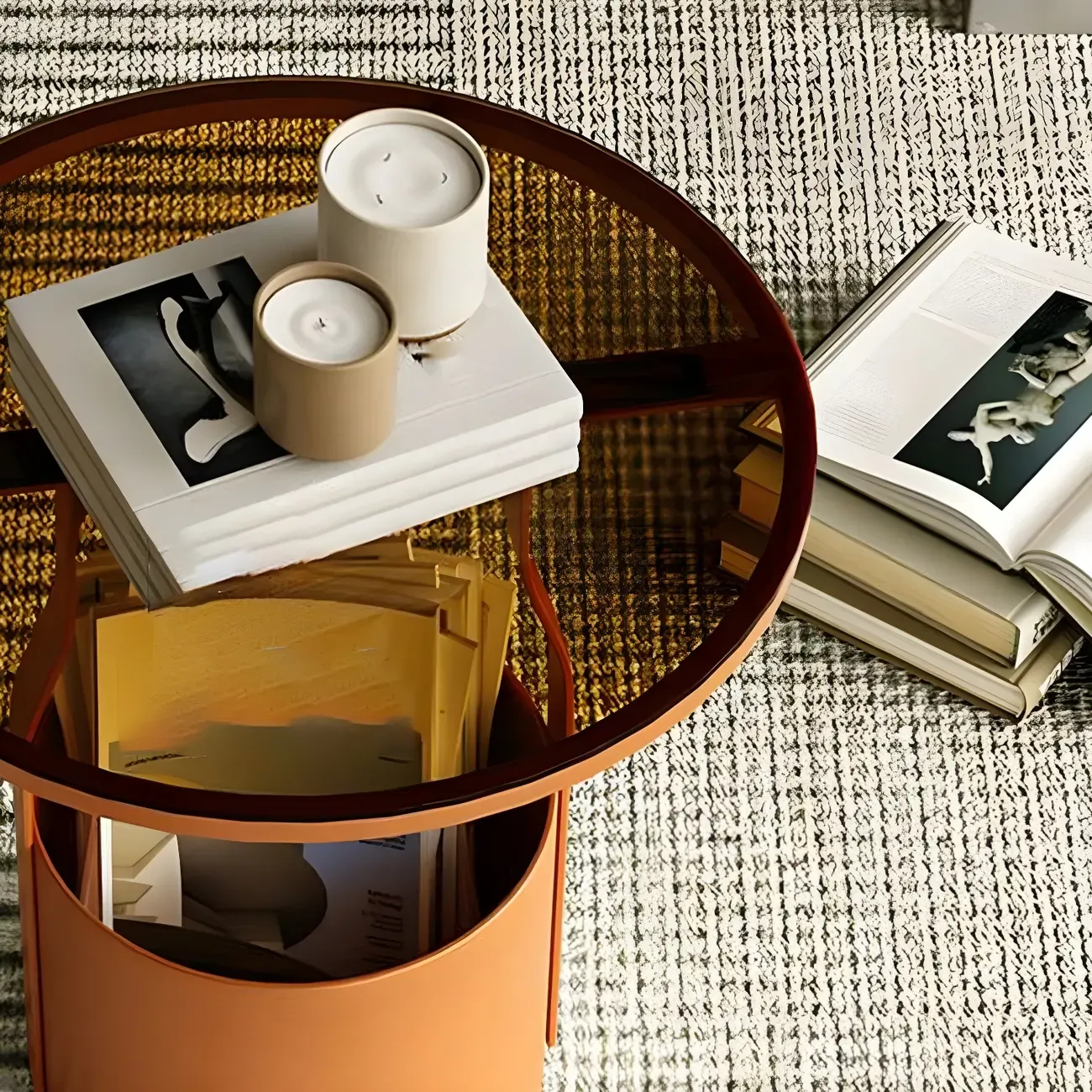 Nordic Round Glass End Table with Drum Base and Storage Image - 8