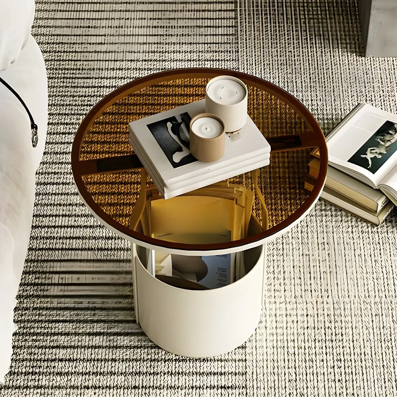 Nordic Round Glass End Table with Drum Base and Storage Image - 9