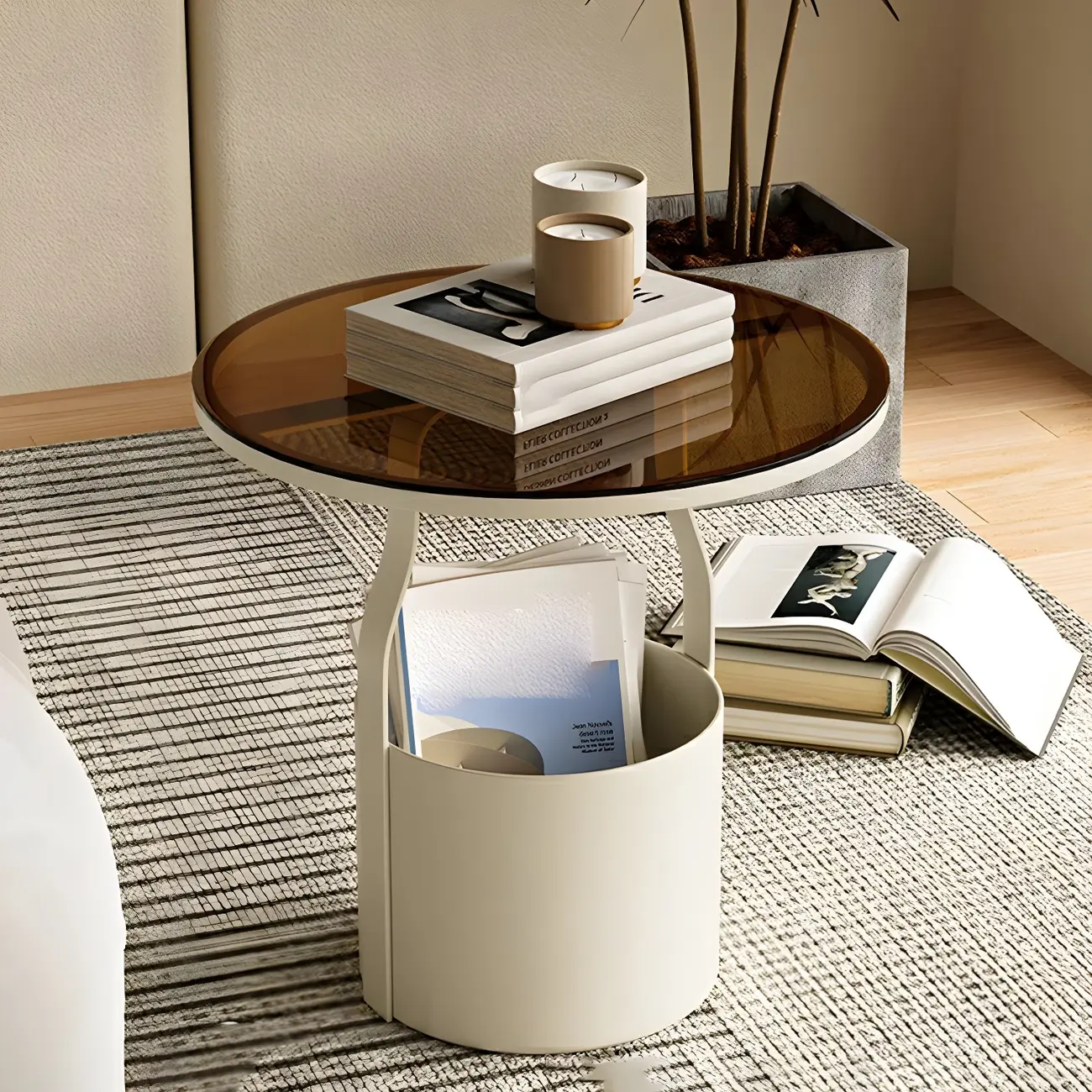 Nordic Round Glass End Table with Drum Base and Storage Image - 10 | homeyfad