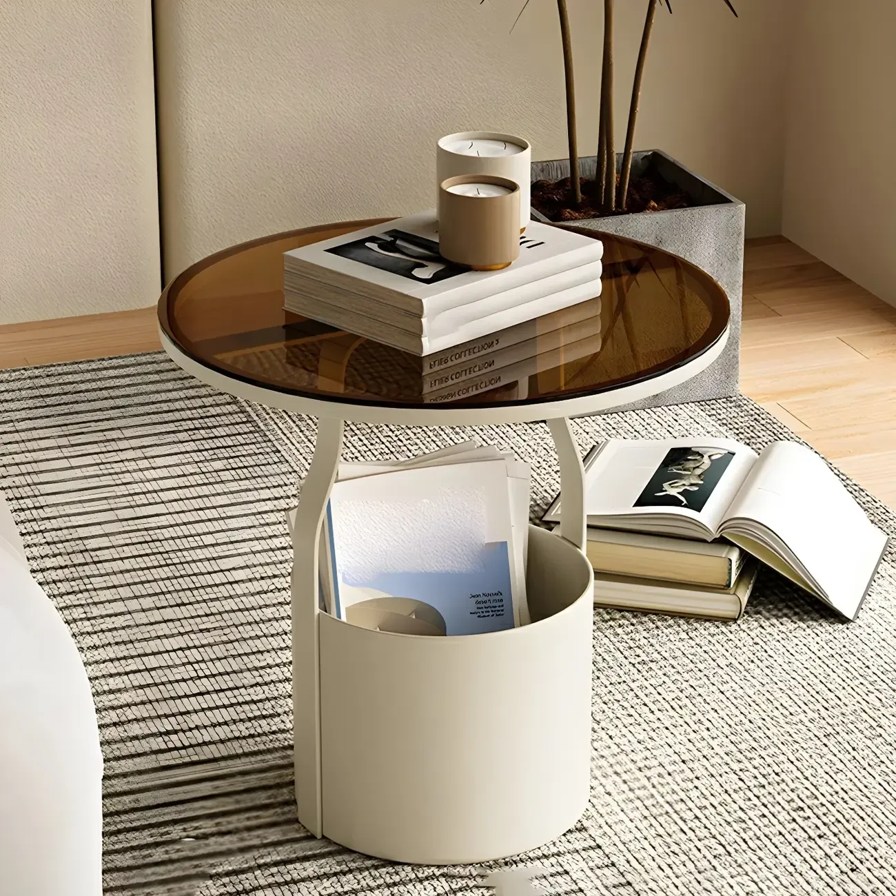 Nordic Round Glass End Table with Drum Base and Storage Image - 10
