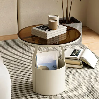 Nordic Round Glass End Table with Drum Base and Storage Image - 10