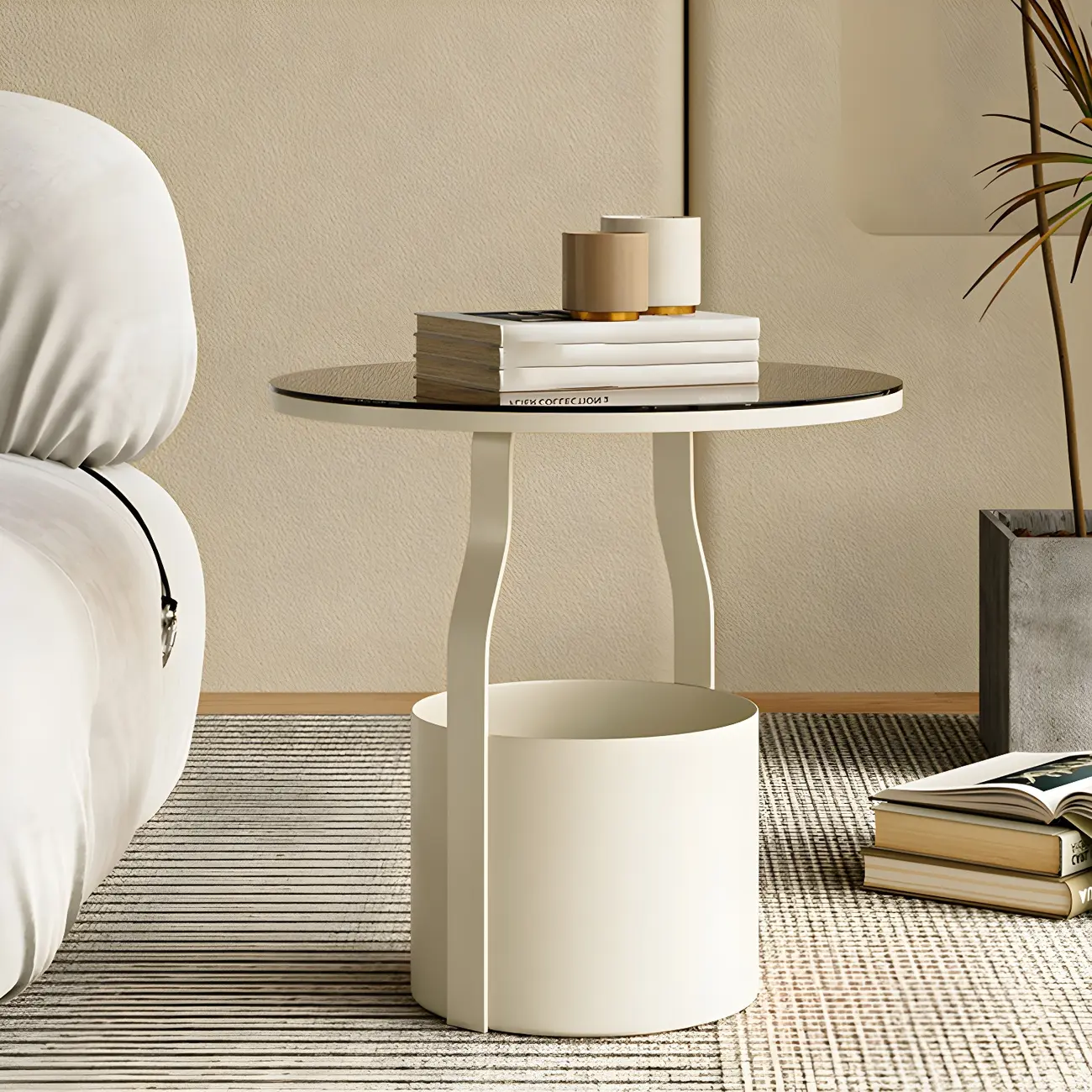 Nordic Round Glass End Table with Drum Base and Storage Image - 11 | homeyfad