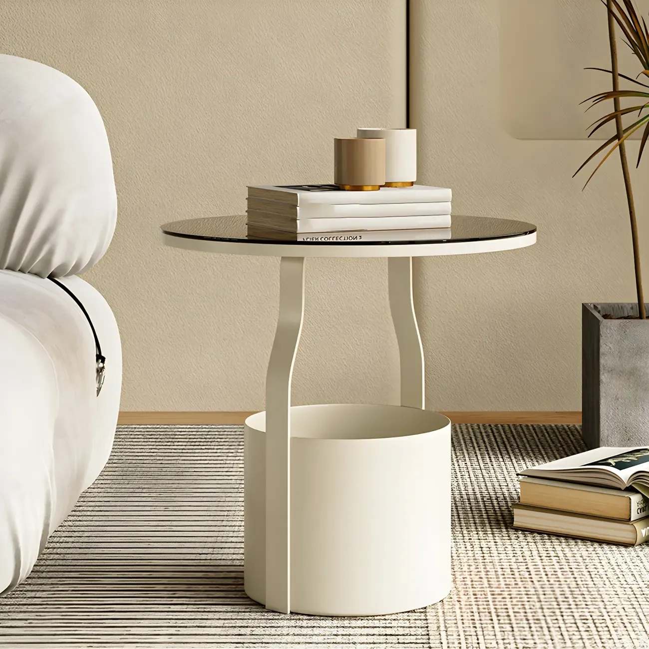 Nordic Round Glass End Table with Drum Base and Storage Image - 11