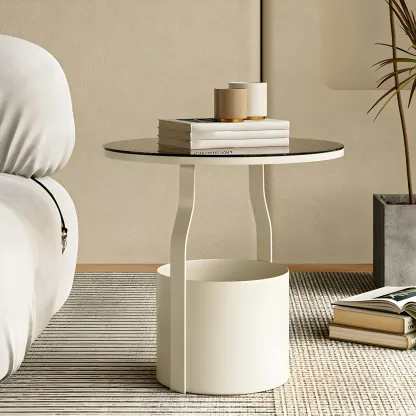 Nordic Round Glass End Table with Drum Base and Storage Image - 11
