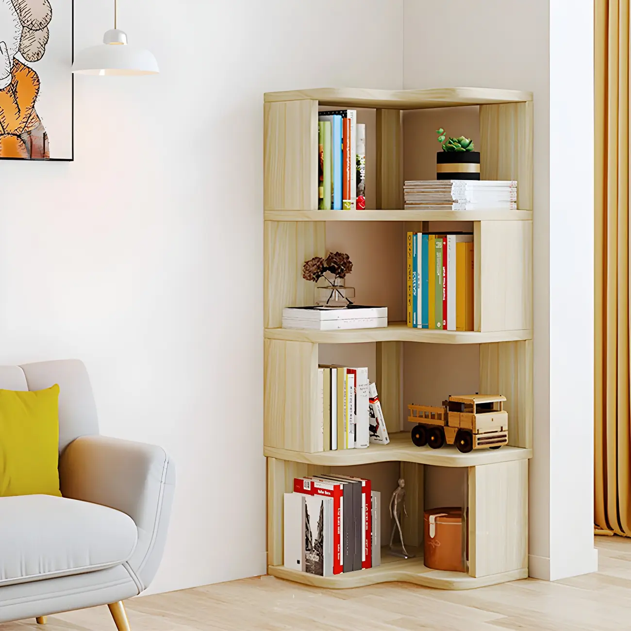 Vertical Wooden Corner Bookcase with Open Shelves Image - 2 | homeyfad