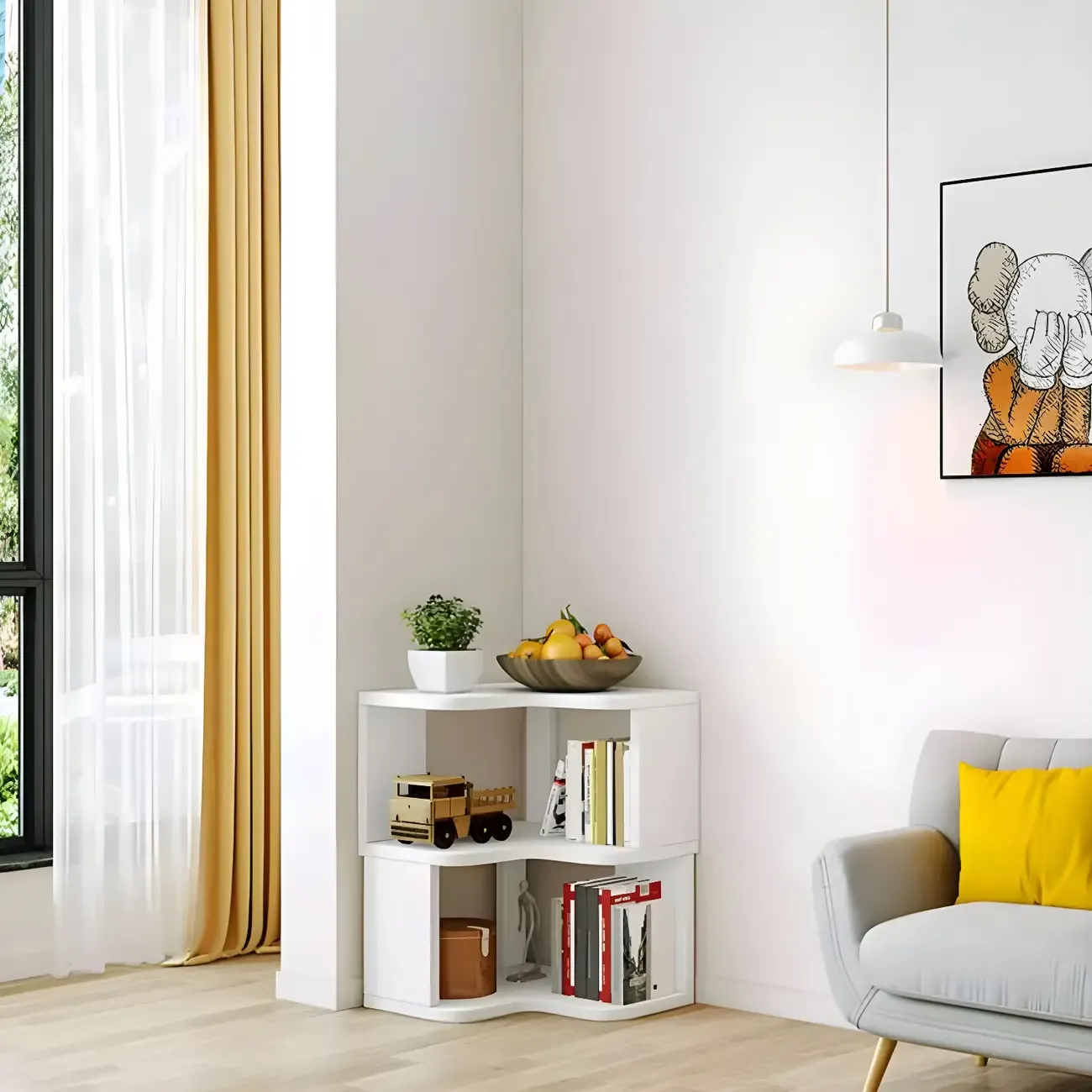 Vertical Wooden Corner Bookcase with Open Shelves Image - 3