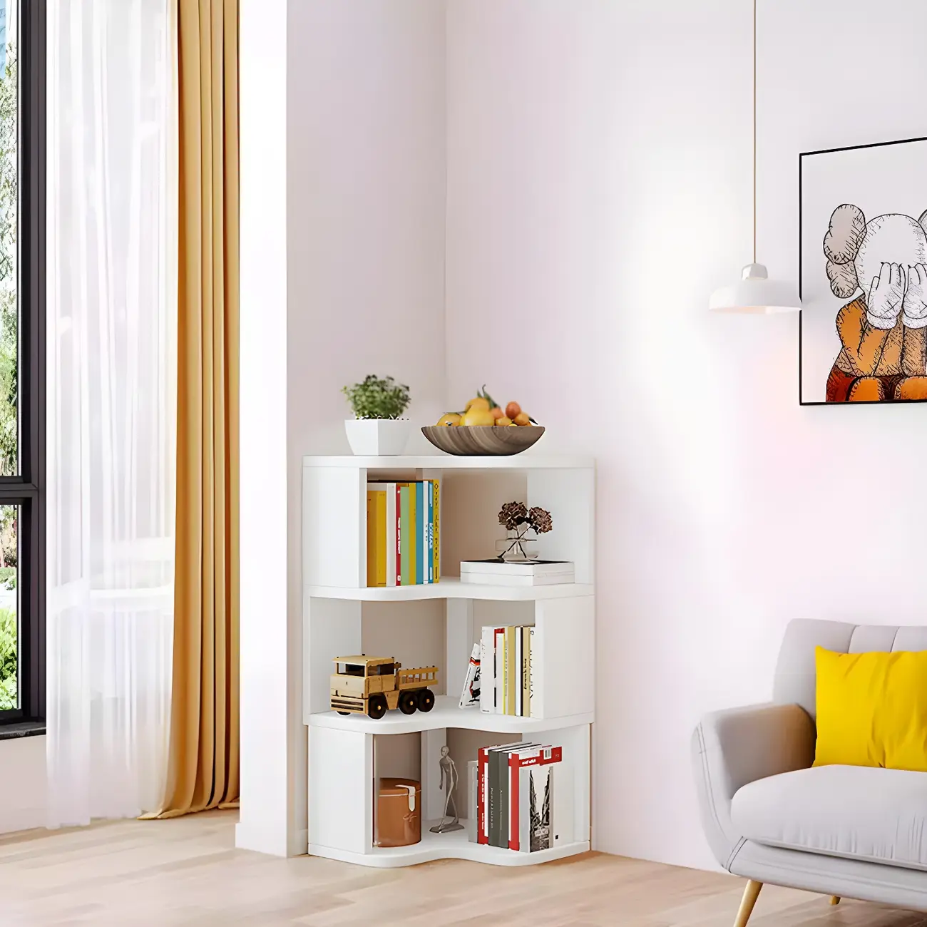 Vertical Wooden Corner Bookcase with Open Shelves Image - 4 | homeyfad