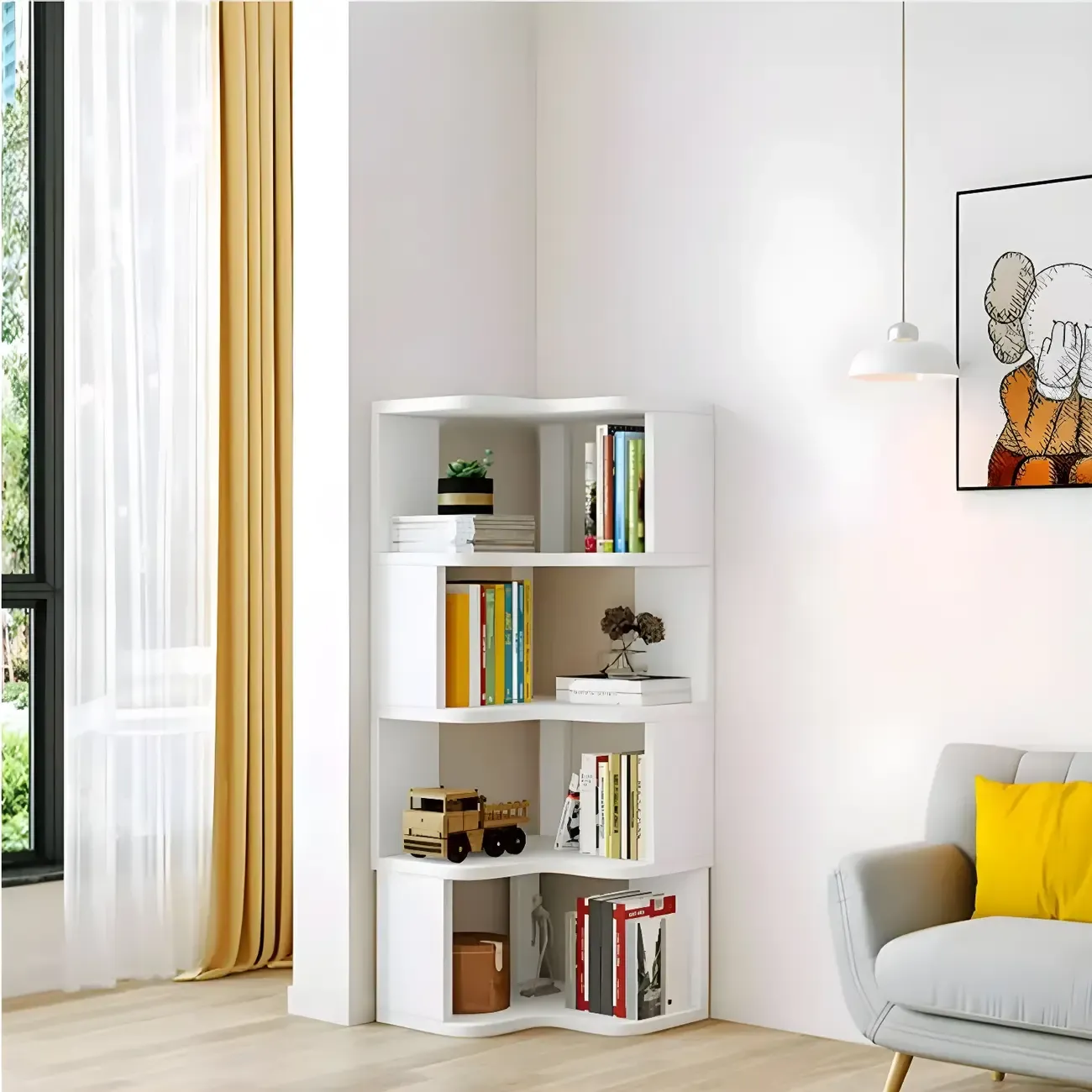 Vertical Wooden Corner Bookcase with Open Shelves Image - 6