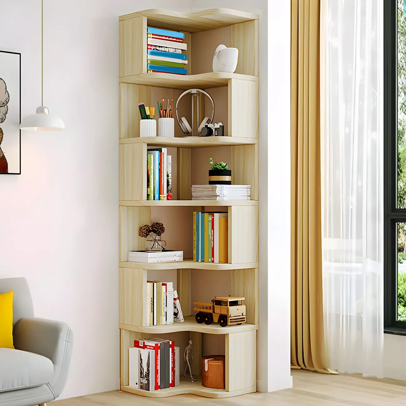 Vertical Wooden Corner Bookcase with Open Shelves Image - 1 | homeyfad