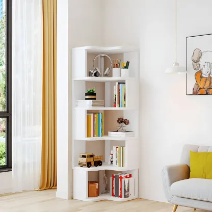 Vertical Wooden Corner Bookcase with Open Shelves Image - 7