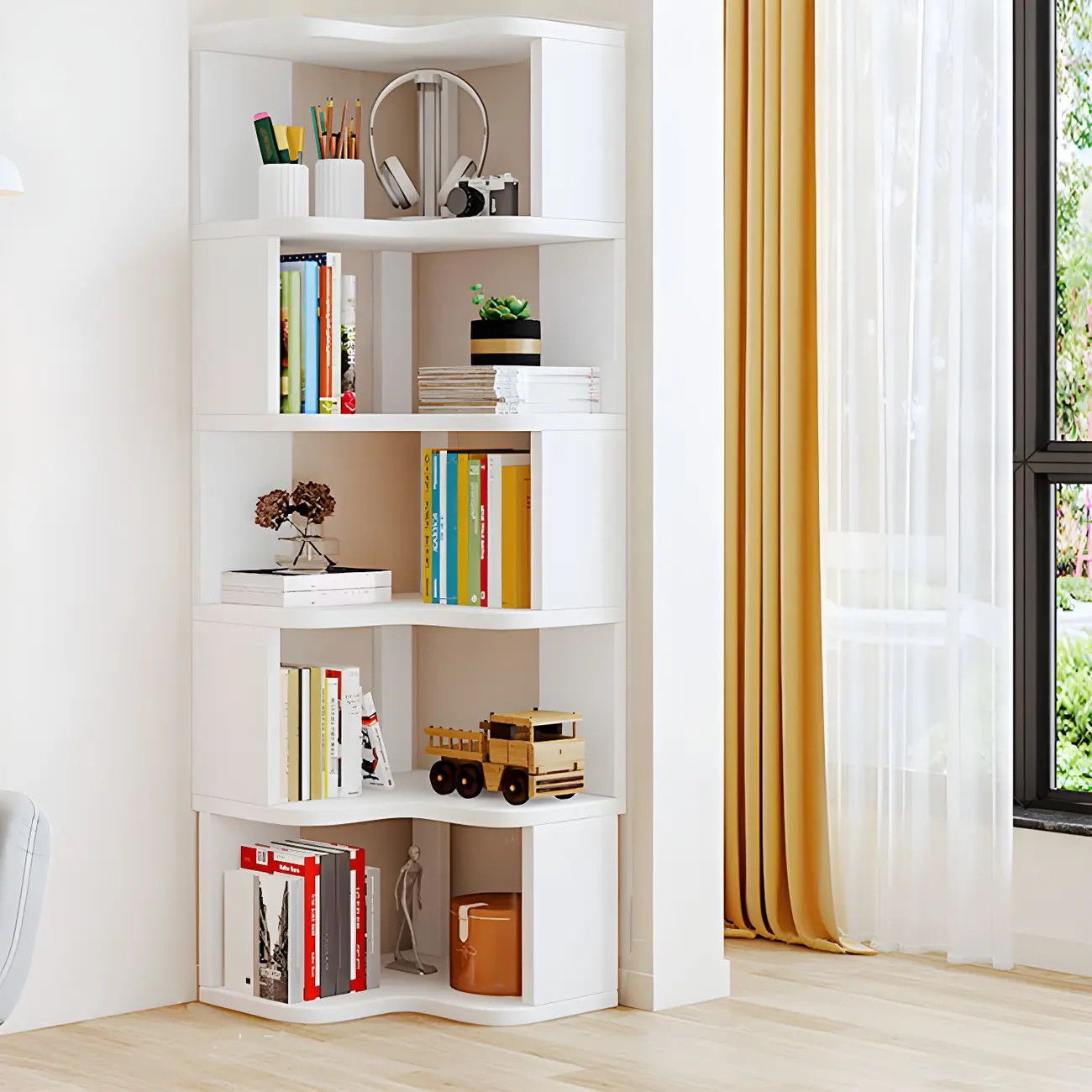 Vertical Wooden Corner Bookcase with Open Shelves Image - 8 | homeyfad