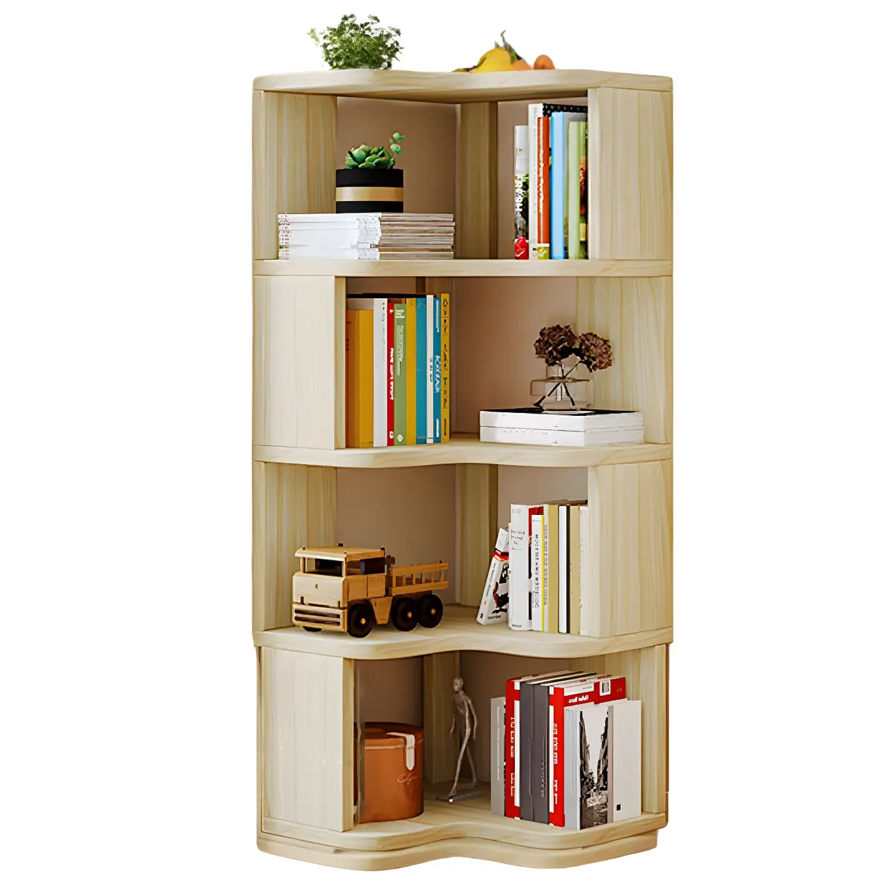 Vertical Wooden Corner Bookcase with Open Shelves Image - 9 | homeyfad