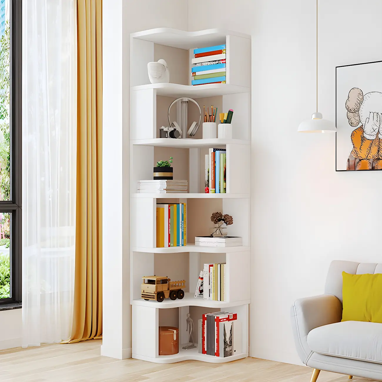 Vertical Wooden Corner Bookcase with Open Shelves Image - 10 | homeyfad