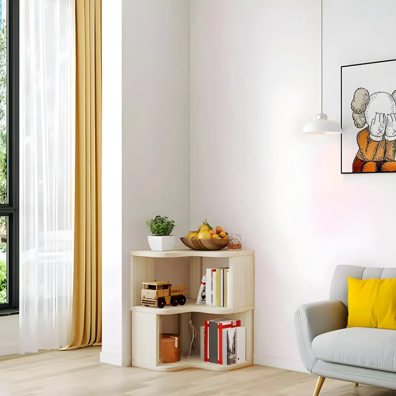 Vertical Wooden Corner Bookcase with Open Shelves Image - 11