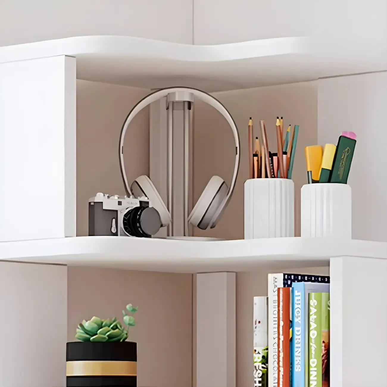 Vertical Wooden Corner Bookcase with Open Shelves Image - 12