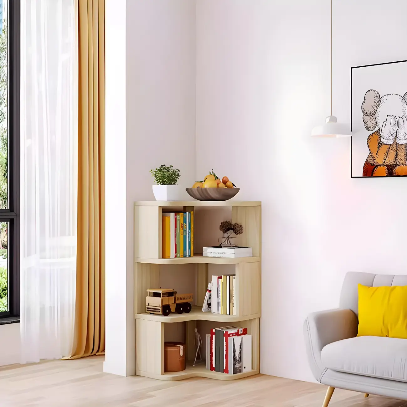 Vertical Wooden Corner Bookcase with Open Shelves Image - 13 | homeyfad