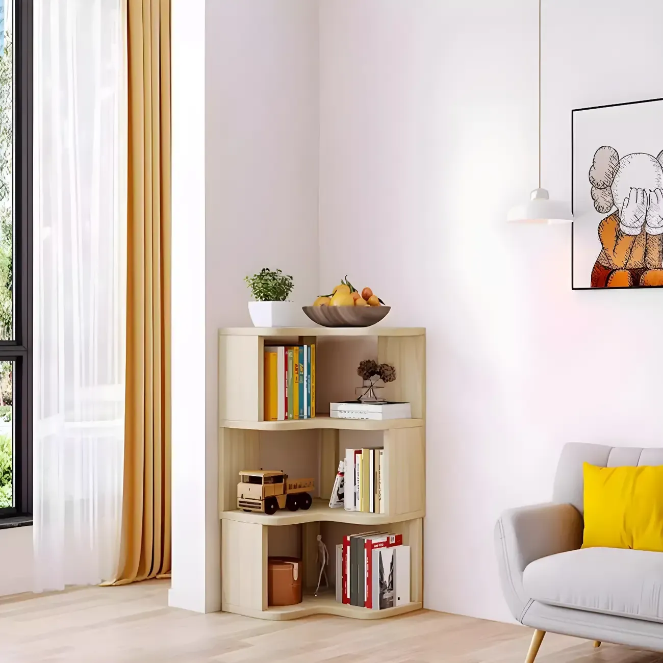 Vertical Wooden Corner Bookcase with Open Shelves Image - 13