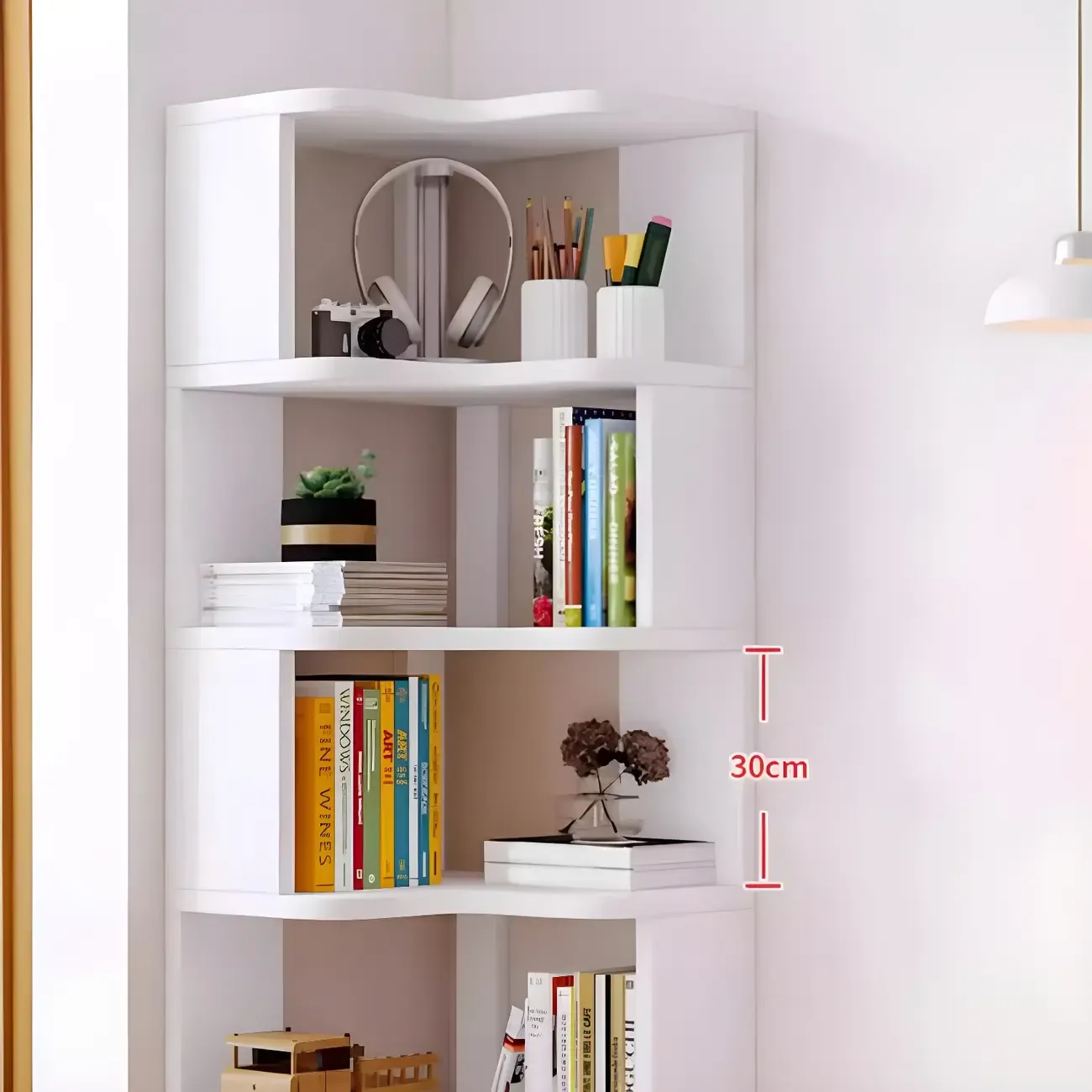 Vertical Wooden Corner Bookcase with Open Shelves Image - 14