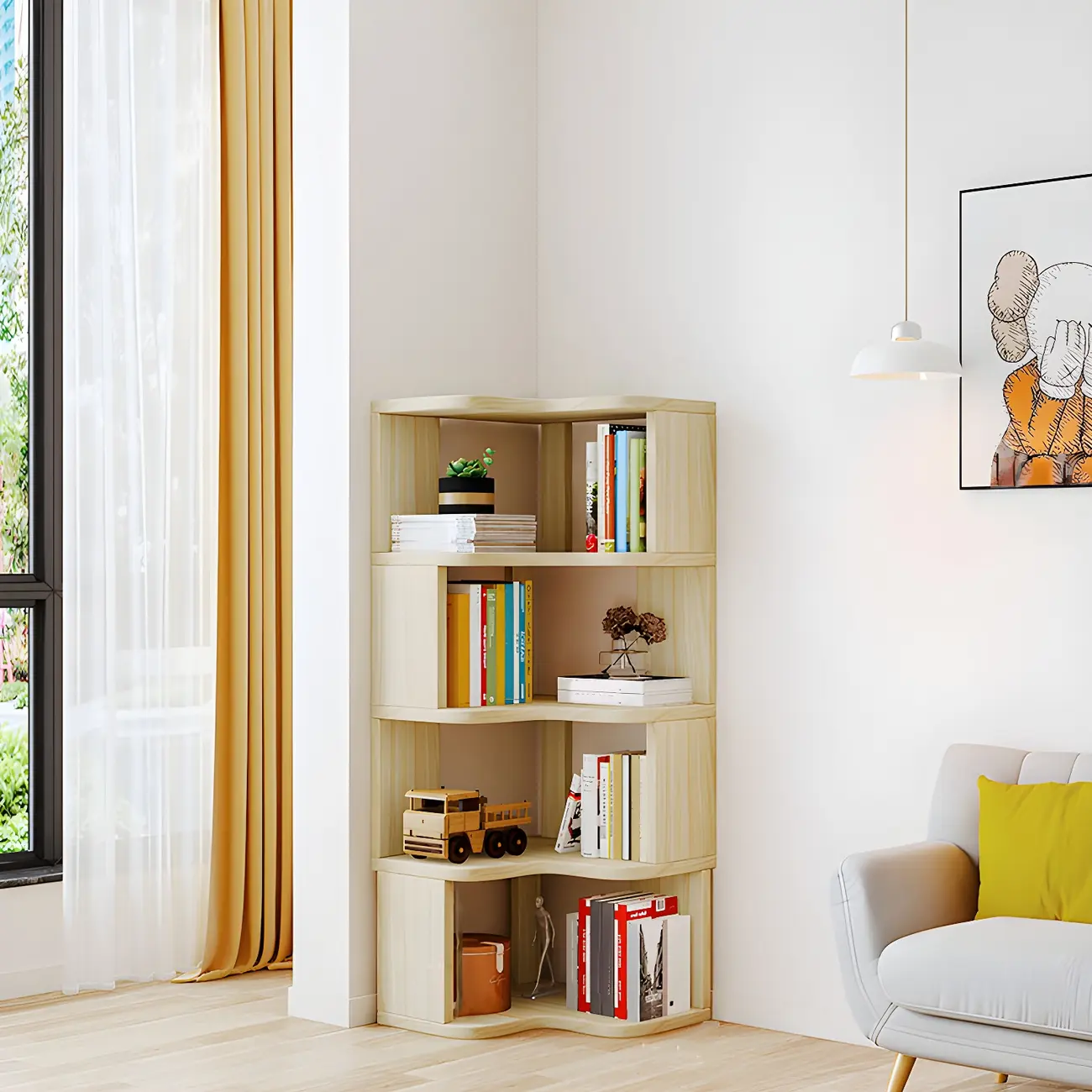 Vertical Wooden Corner Bookcase with Open Shelves Image - 16 | homeyfad