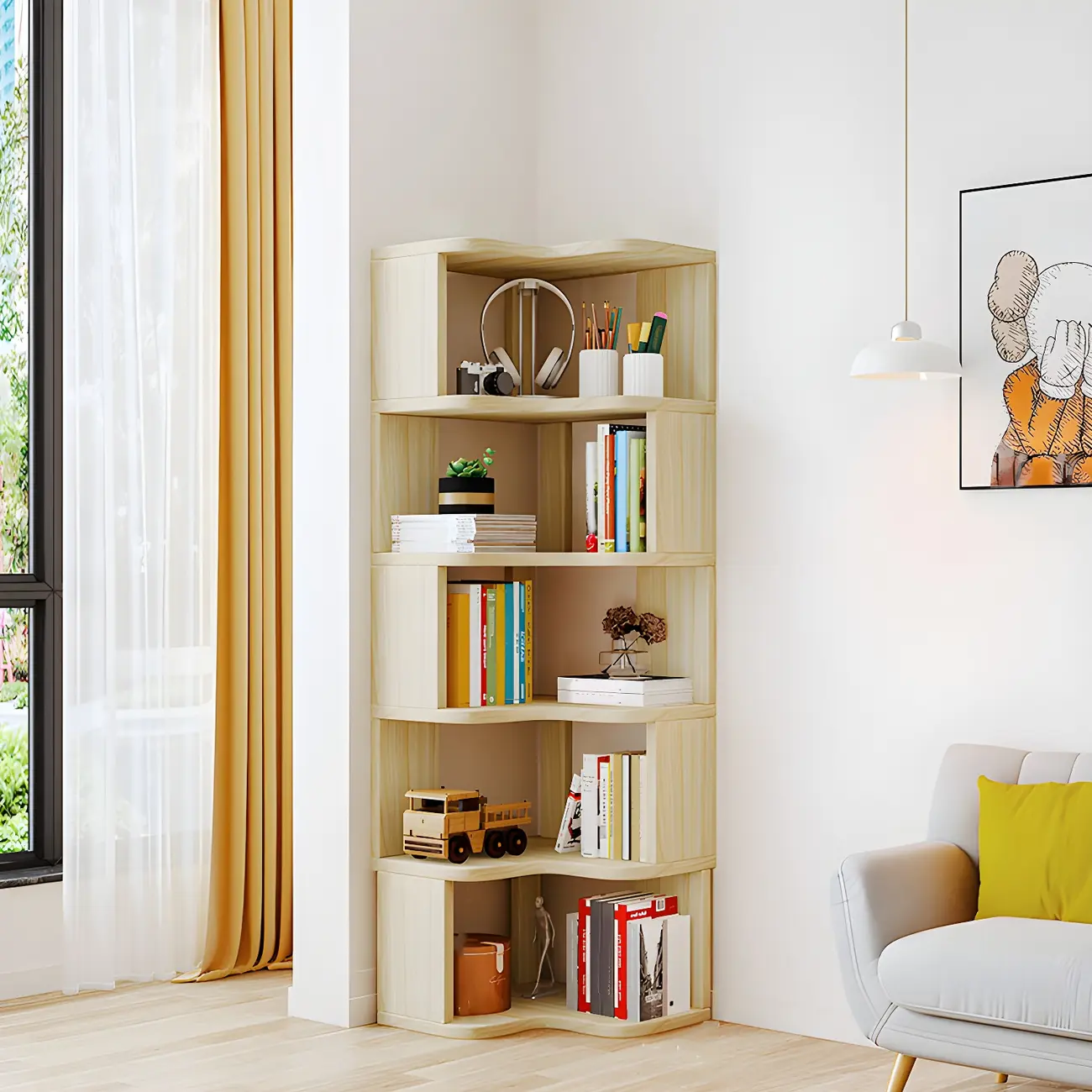 Vertical Wooden Corner Bookcase with Open Shelves Image - 18 | homeyfad