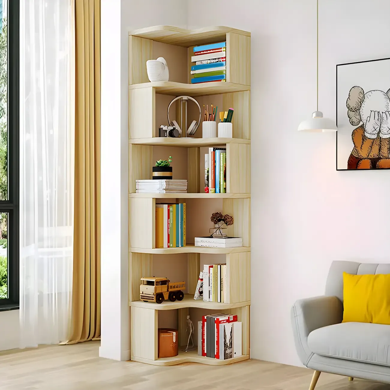 Vertical Wooden Corner Bookcase with Open Shelves Image - 19