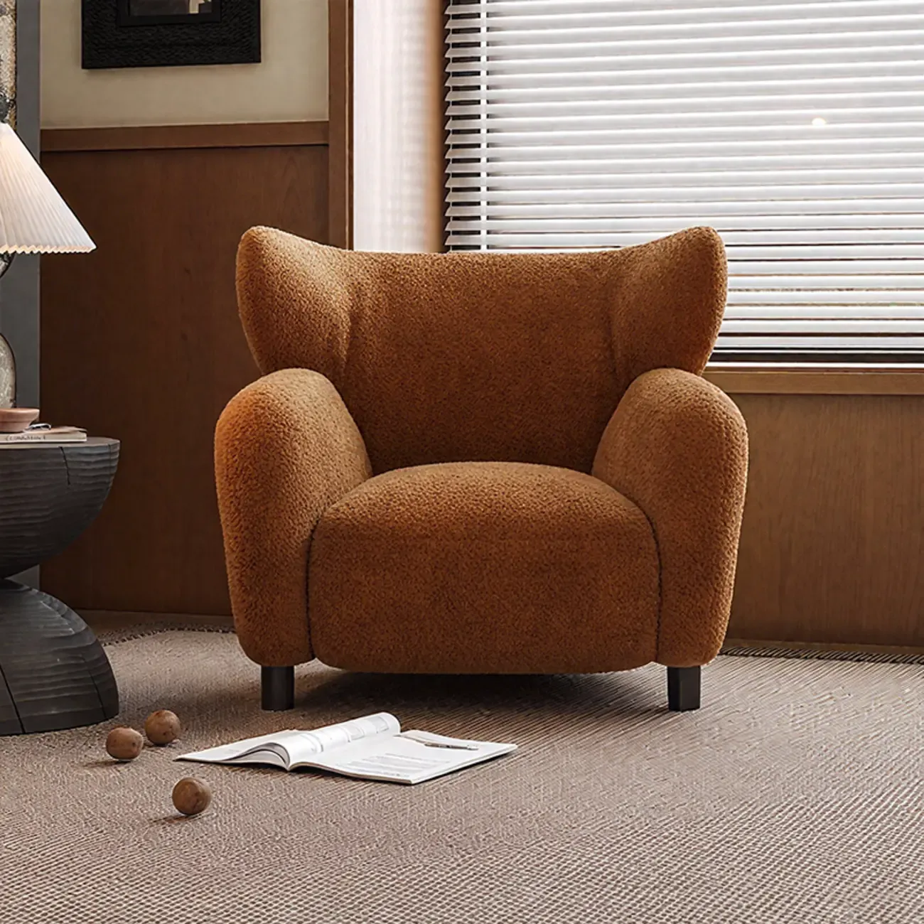 Modern Chenille Fabric Wingback Accent Chair with Arms Image - 4