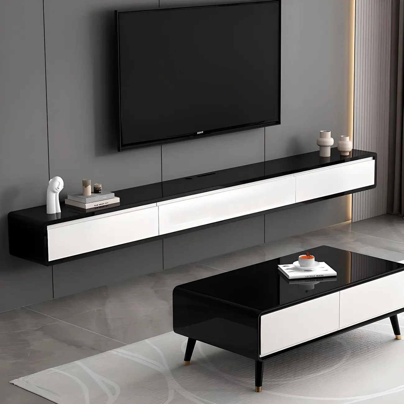 Wooden Wooden Floating TV Stand with Cable Management Image - 1 | homeyfad