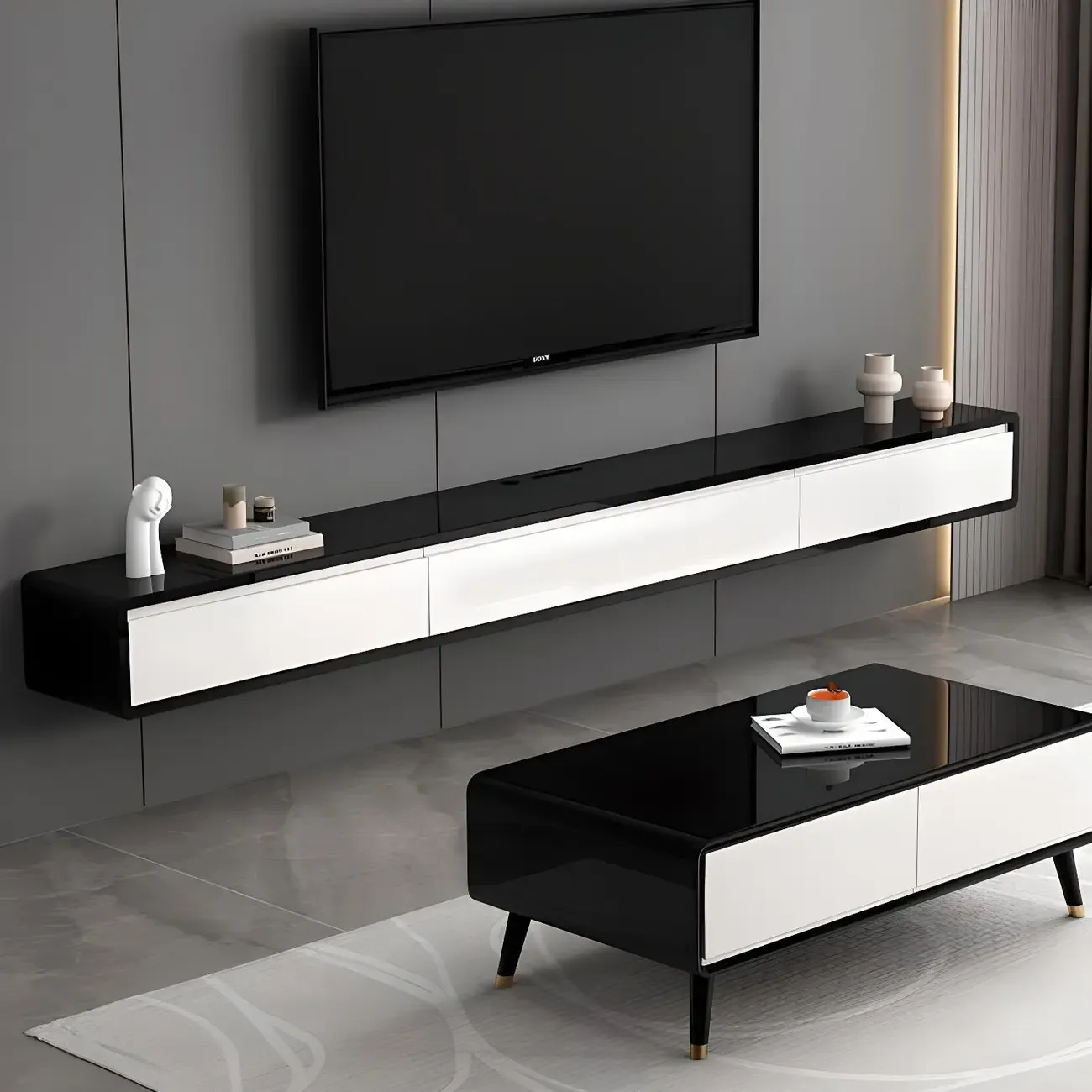 Wooden Wooden Floating TV Stand with Cable Management Image - 1