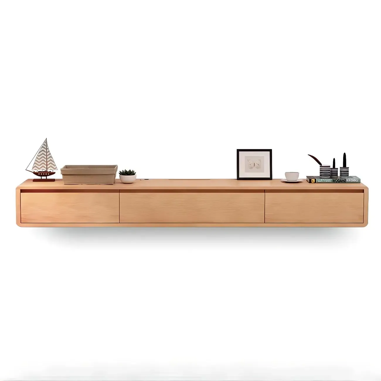Wooden Wooden Floating TV Stand with Cable Management Image - 5