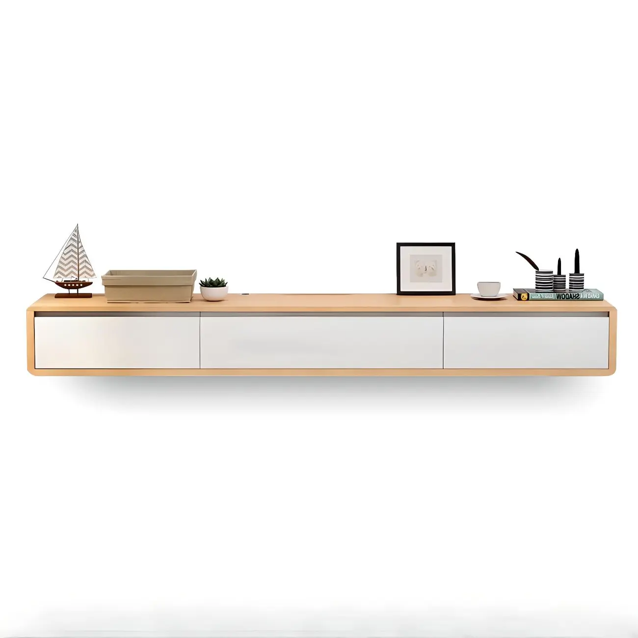 Wooden Wooden Floating TV Stand with Cable Management Image - 6 | homeyfad