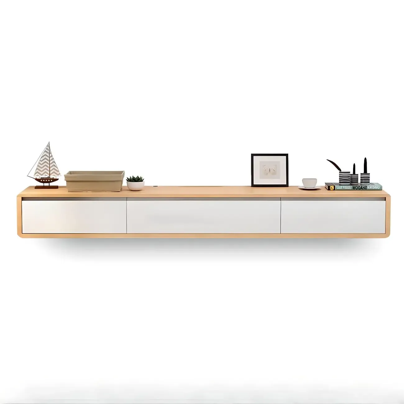 Wooden Wooden Floating TV Stand with Cable Management Image - 6