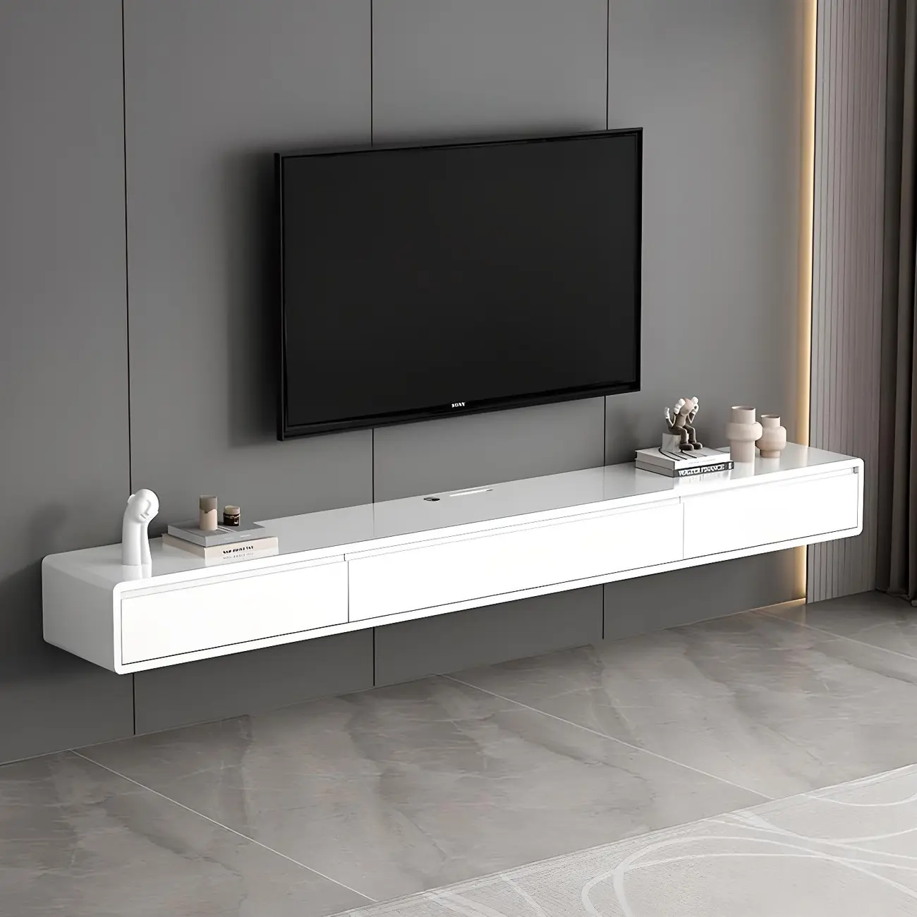 Wooden Wooden Floating TV Stand with Cable Management Image - 3 | homeyfad