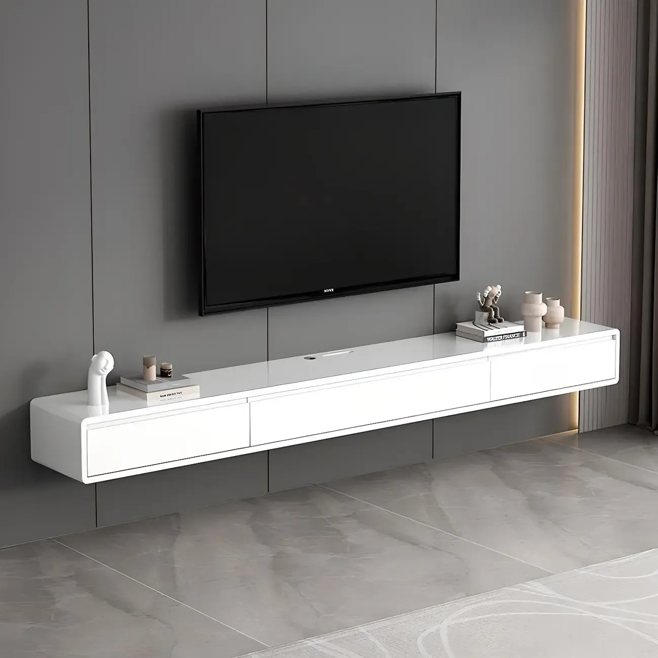 Wooden Wooden Floating TV Stand with Cable Management Image - 3