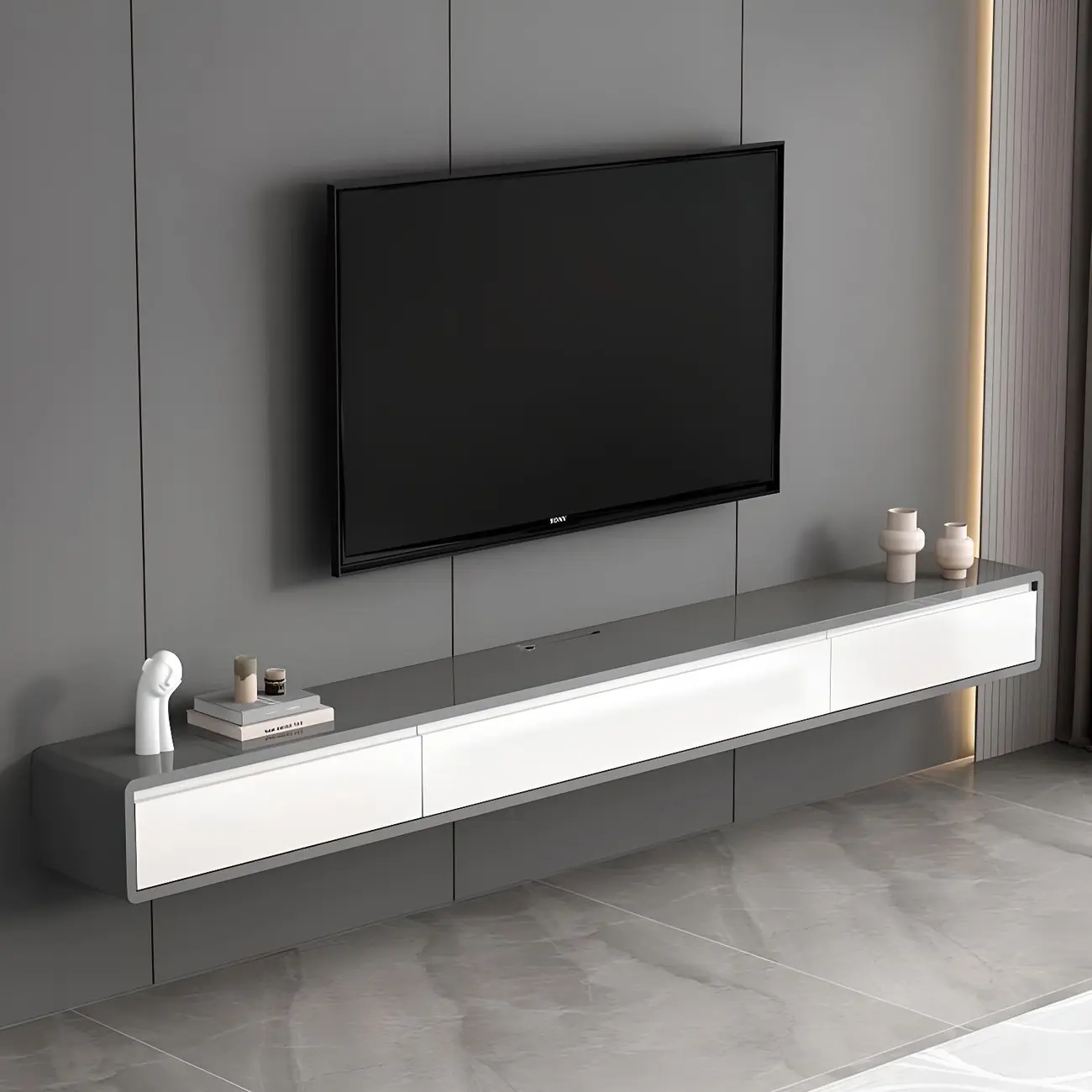 Wooden Wooden Floating TV Stand with Cable Management Image - 2 | homeyfad