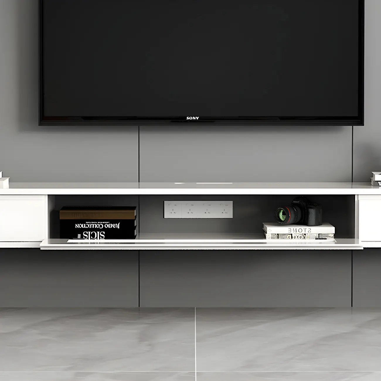 Wooden Wooden Floating TV Stand with Cable Management Image - 14 | homeyfad