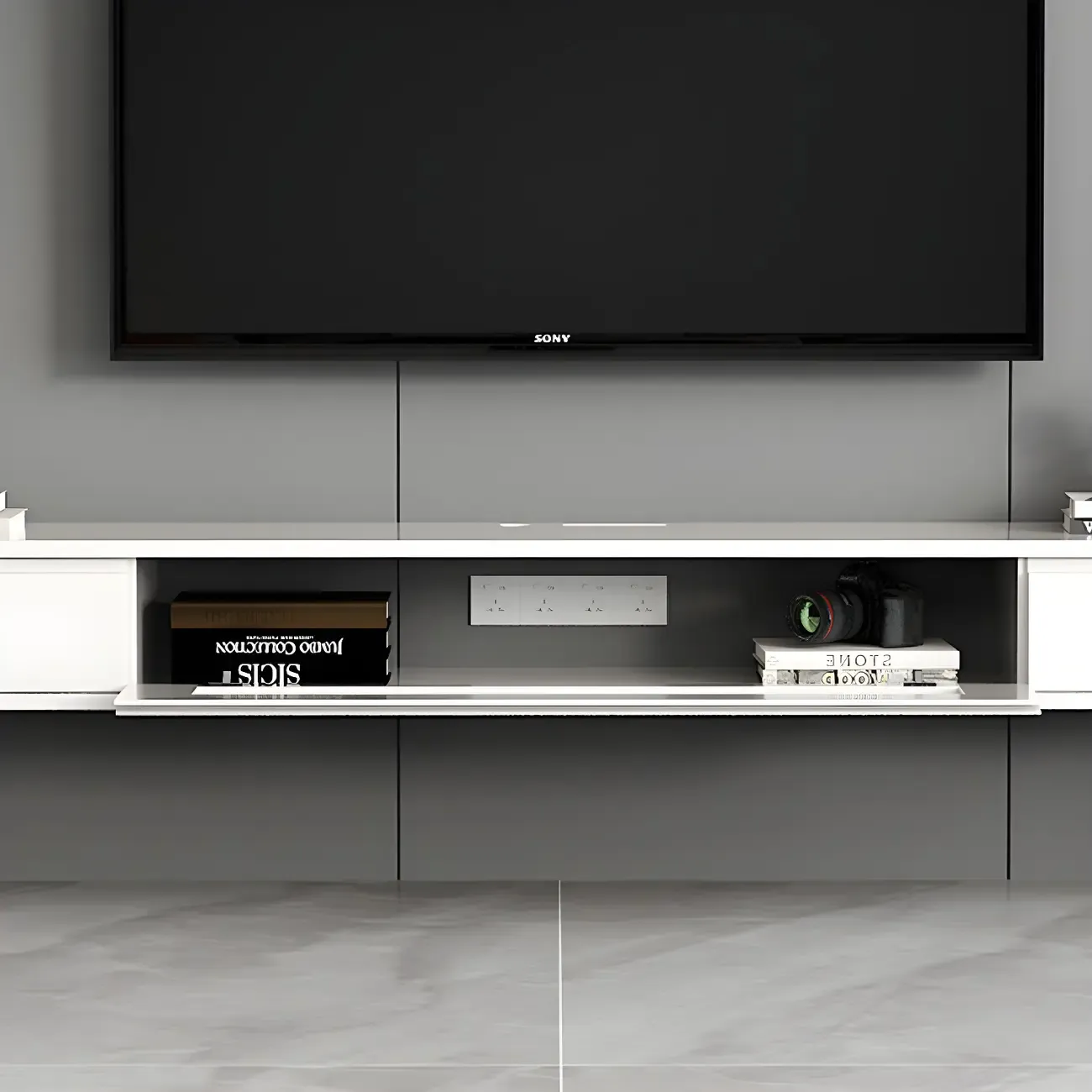 Wooden Wooden Floating TV Stand with Cable Management Image - 14