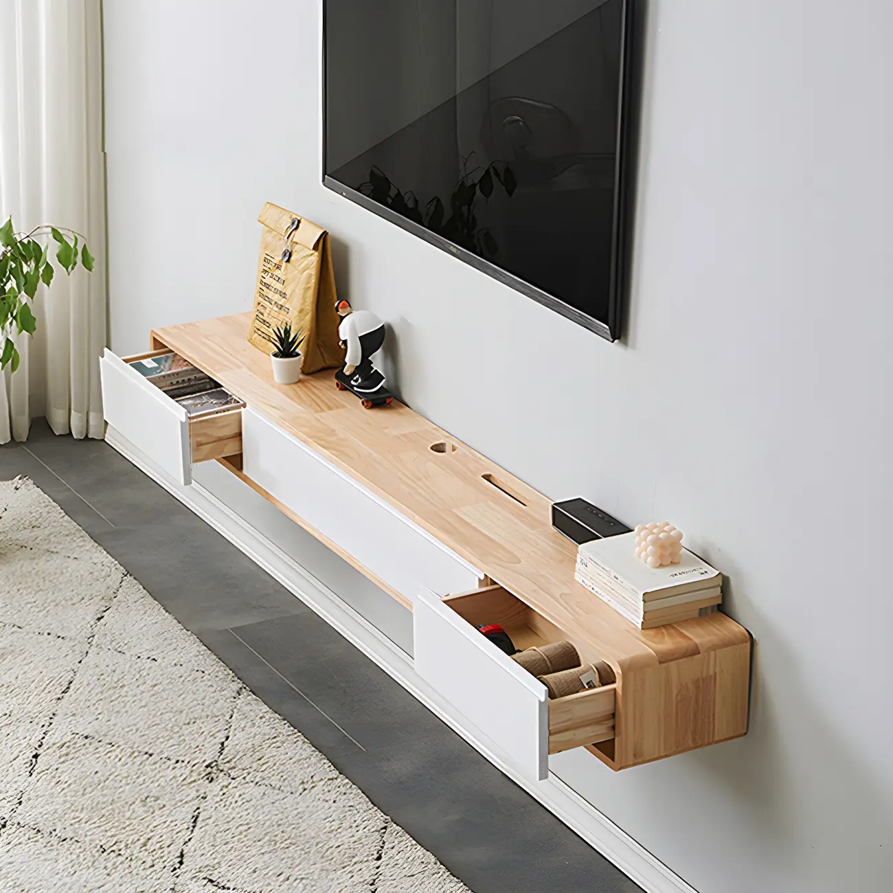 Wooden Wooden Floating TV Stand with Cable Management Image - 15 | homeyfad
