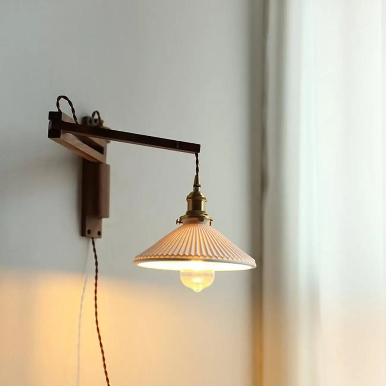 Vintage Wooden Swing Arm Wall Light with Ceramics Shade Image - 3 | homeyfad