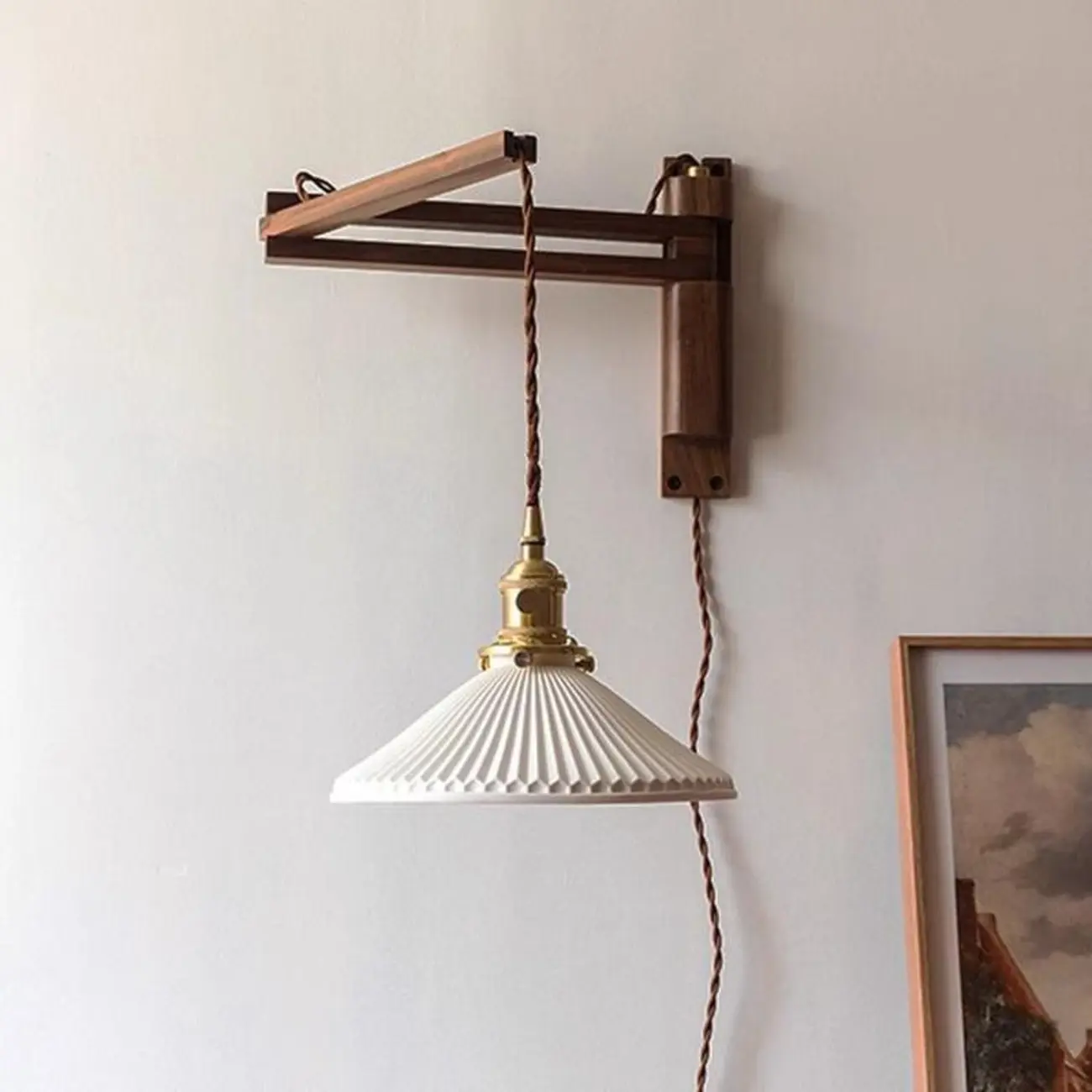 Vintage Wooden Swing Arm Wall Light with Ceramics Shade Image - 5 | homeyfad