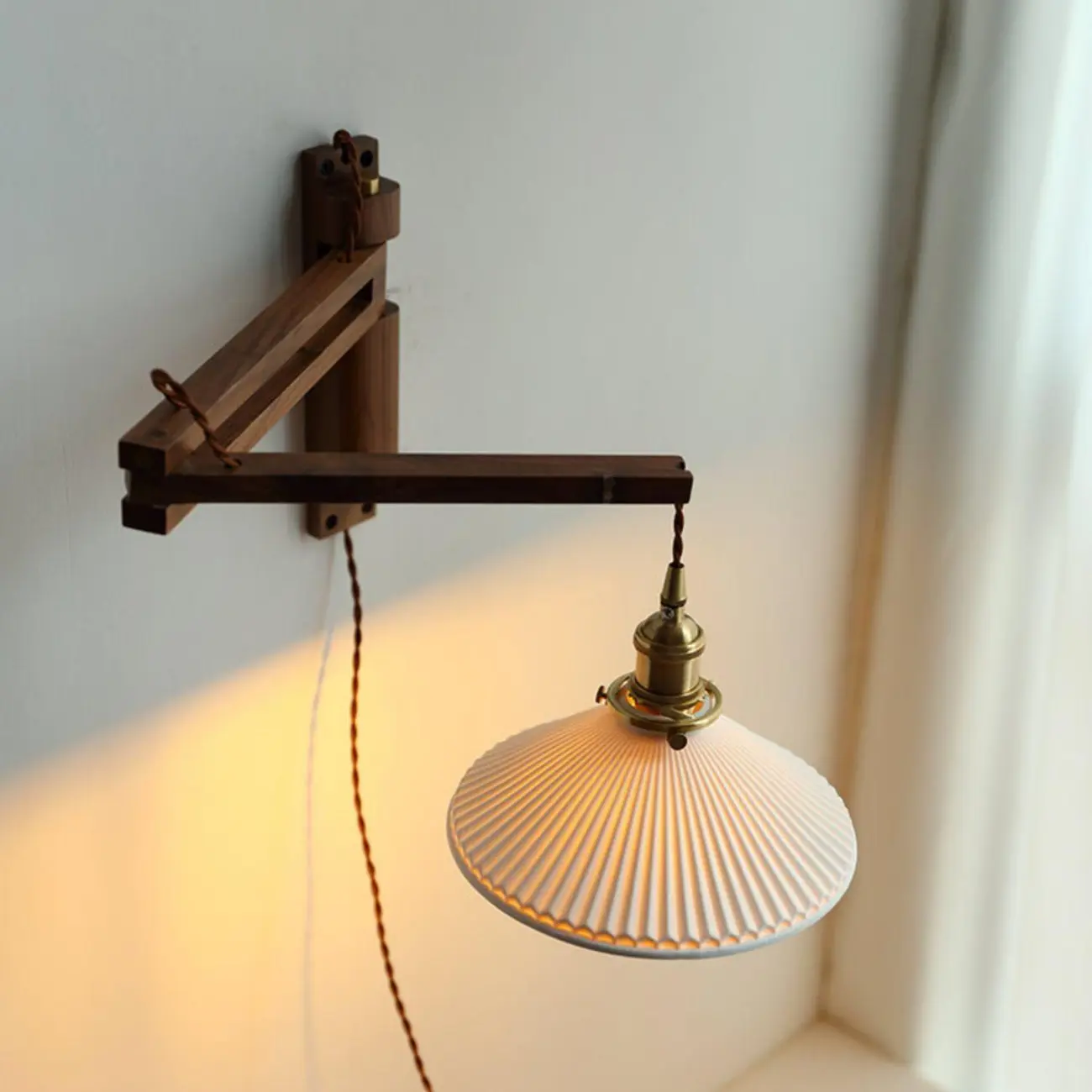 Vintage Wooden Swing Arm Wall Light with Ceramics Shade Image - 4 | homeyfad