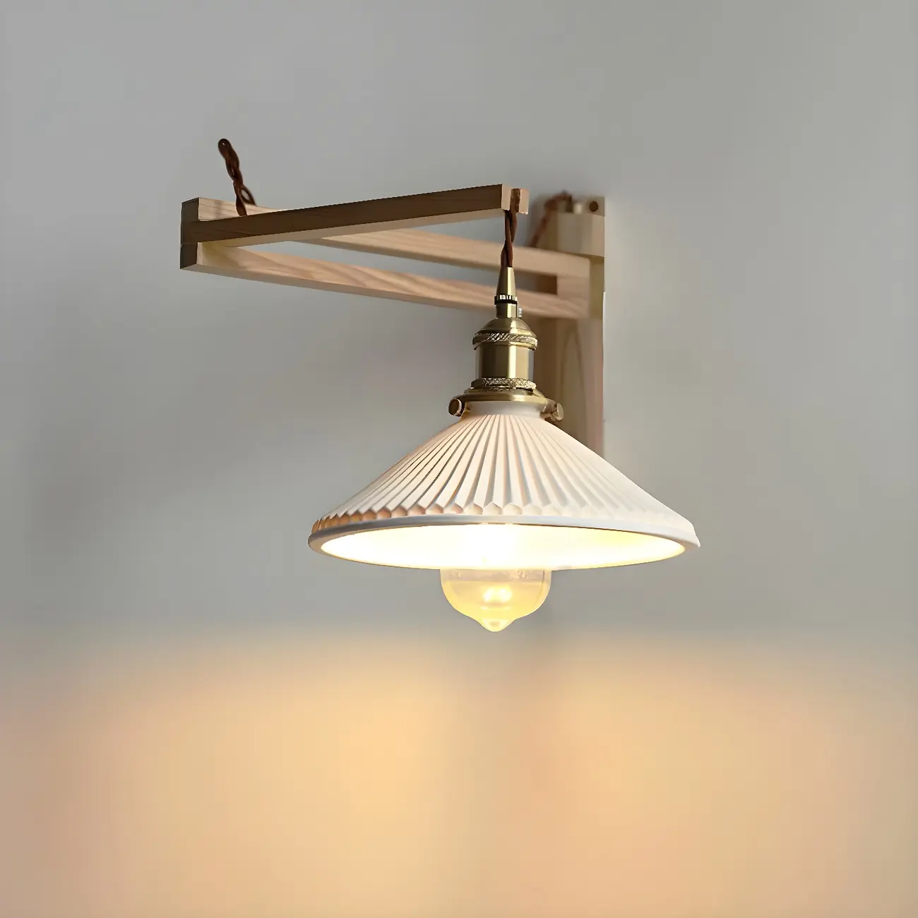Vintage Wooden Swing Arm Wall Light with Ceramics Shade Image - 1 | homeyfad