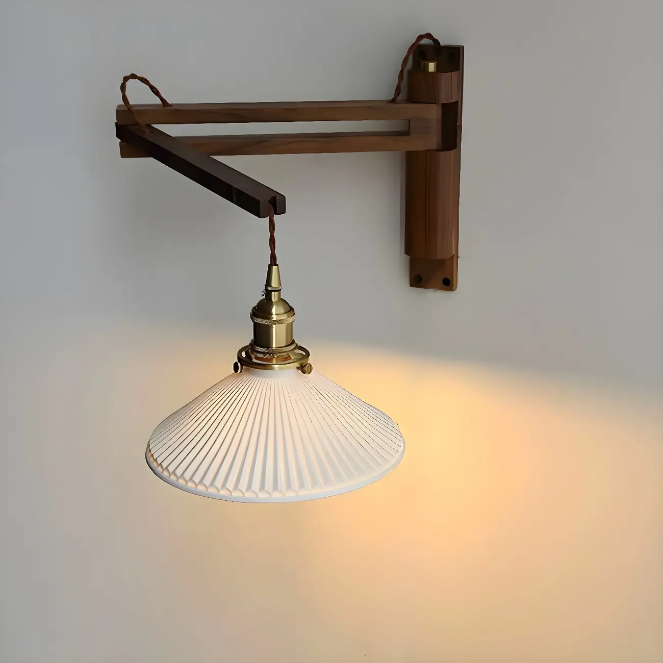 Vintage Wooden Swing Arm Wall Light with Ceramics Shade Image - 2 | homeyfad