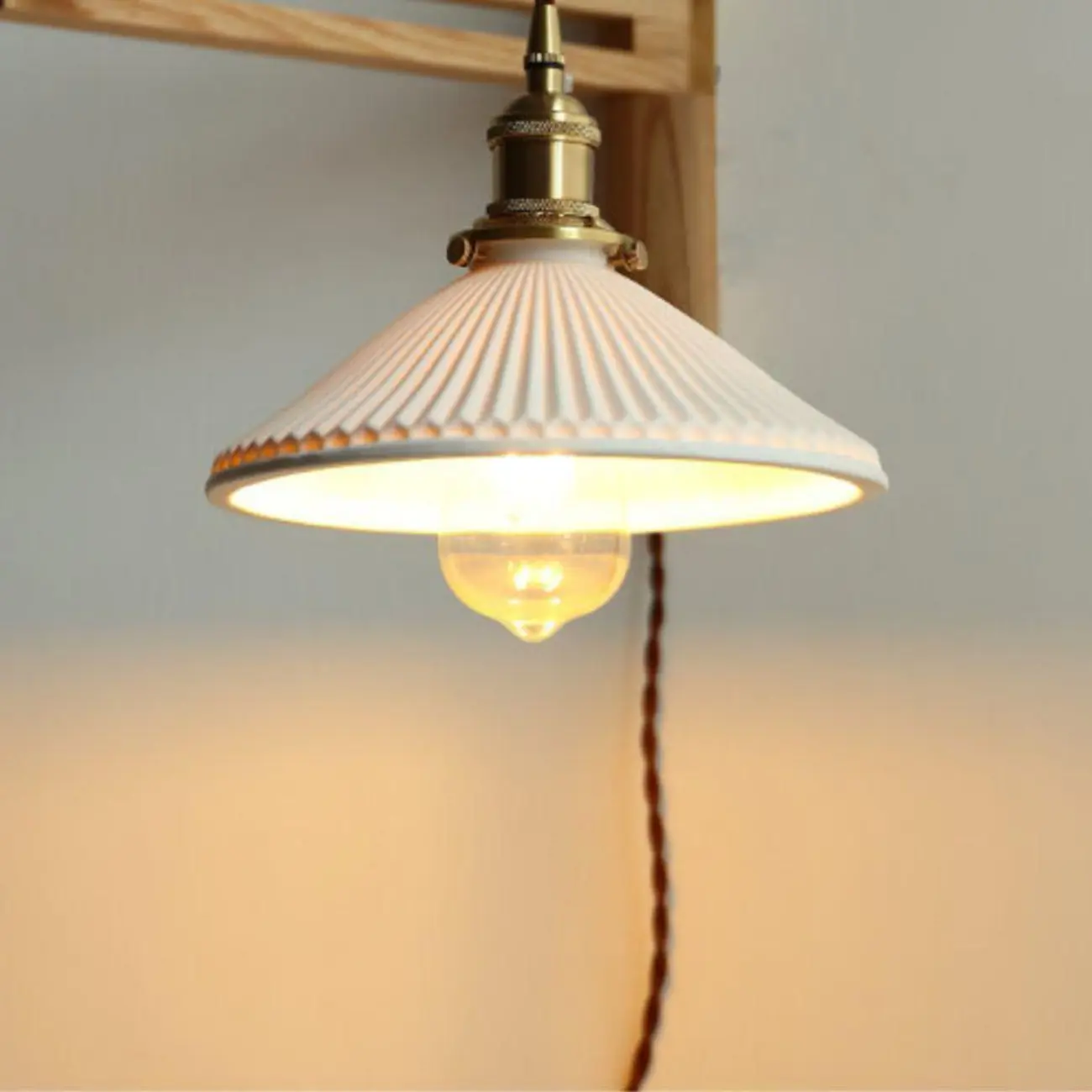 Vintage Wooden Swing Arm Wall Light with Ceramics Shade Image - 7 | homeyfad