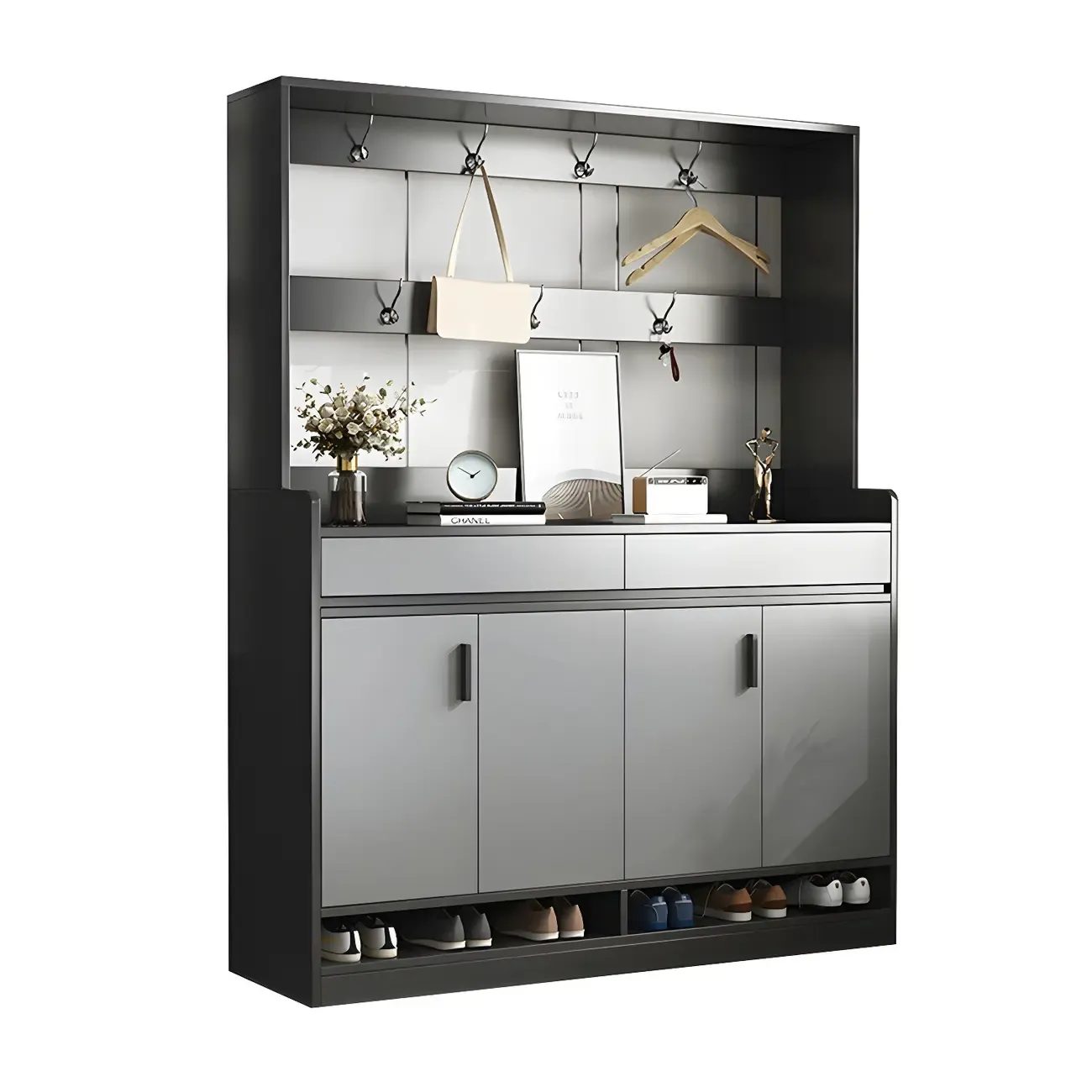 Modern Grey Shoe Cabinet with Open Base Storage Image - 2