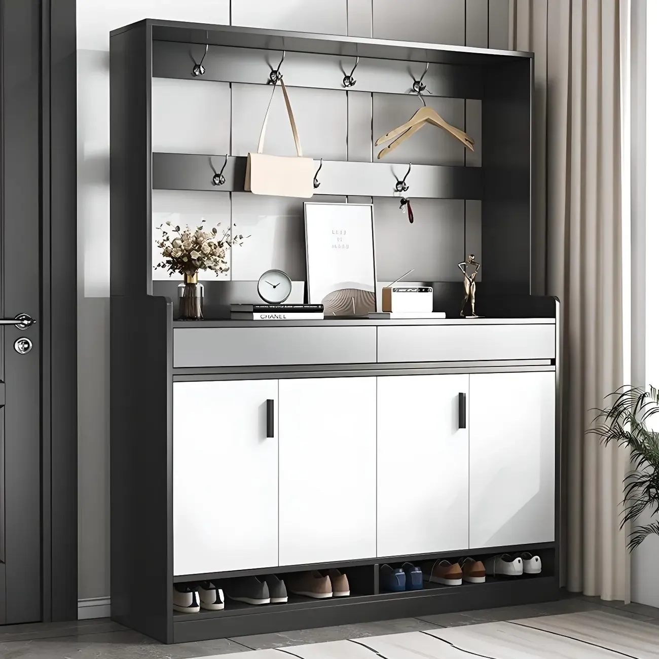 Modern Grey Shoe Cabinet with Open Base Storage Image - 3