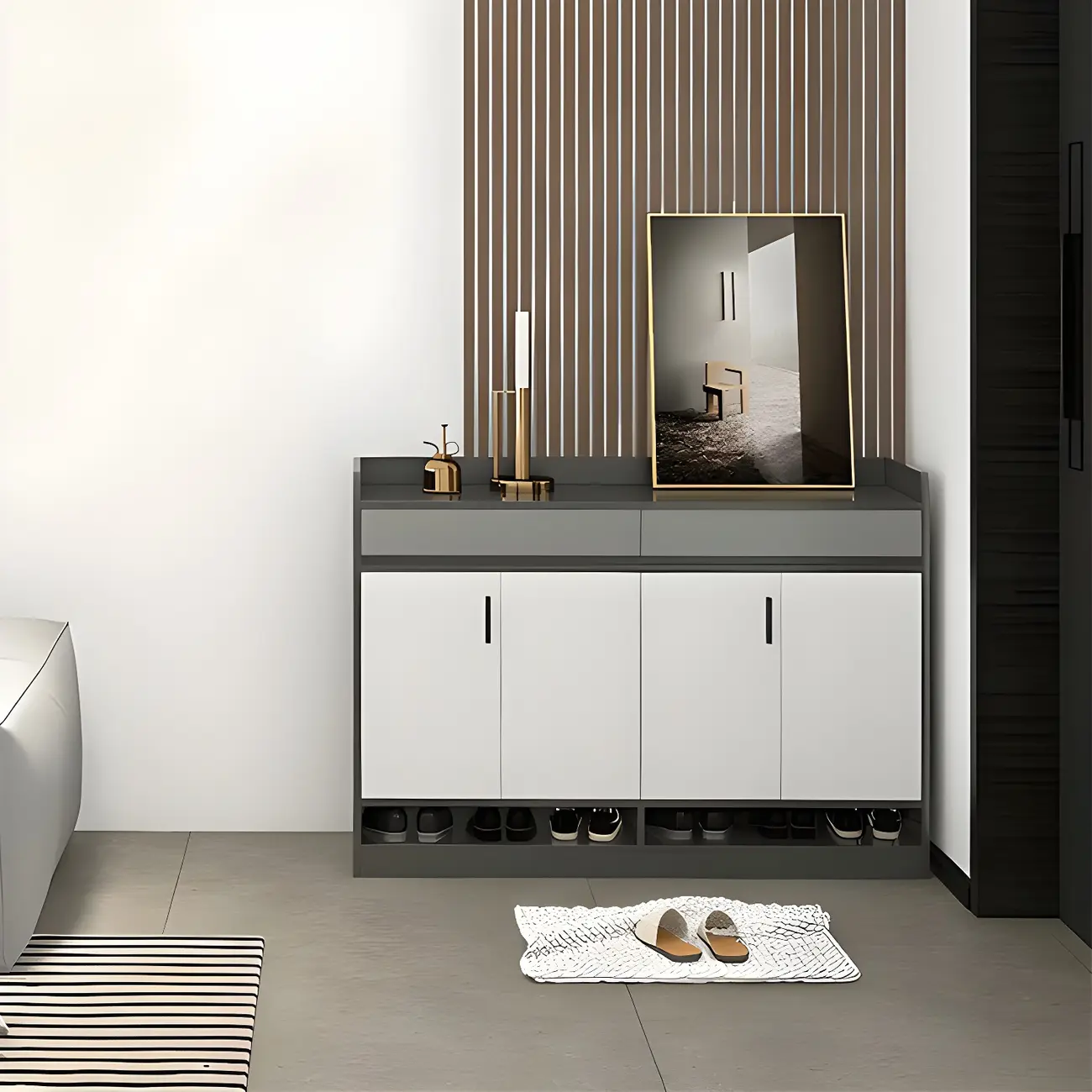 Modern Grey Shoe Cabinet with Open Base Storage Image - 5 | homeyfad