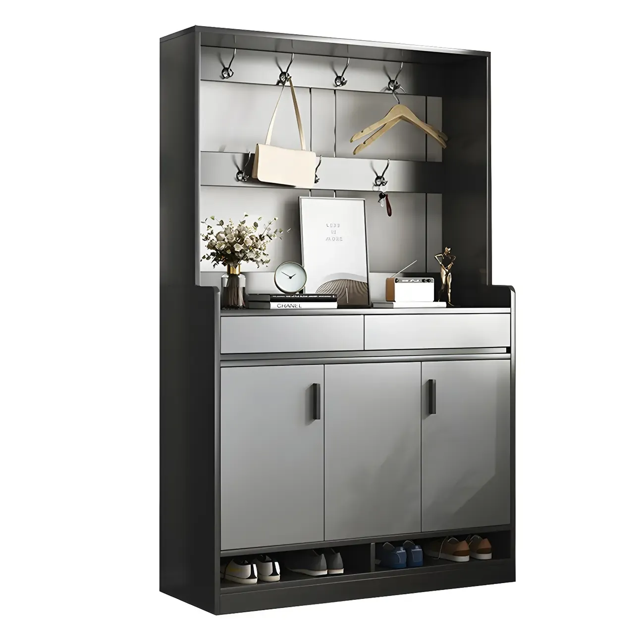 Modern Grey Shoe Cabinet with Open Base Storage Image - 7